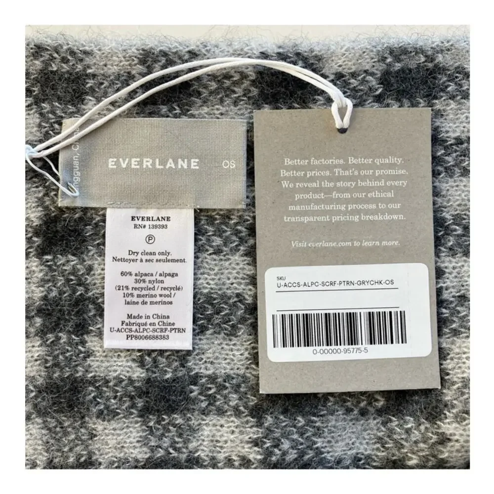 NWT Everlane Unisex The Alpaca Patterned Scarf Gray Buffalo Check One Size